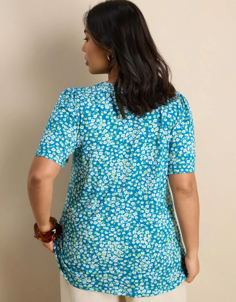 Blue Ditsy Print V-Neck Flutter Sleeve Jersey Top