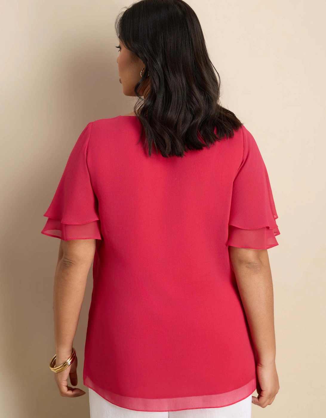 Pink V-Neck Chiffon Flutter Sleeve Overlay Top