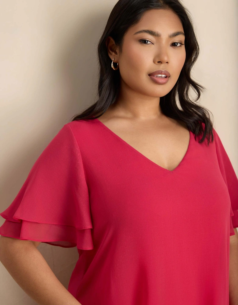 Pink V-Neck Chiffon Flutter Sleeve Overlay Top