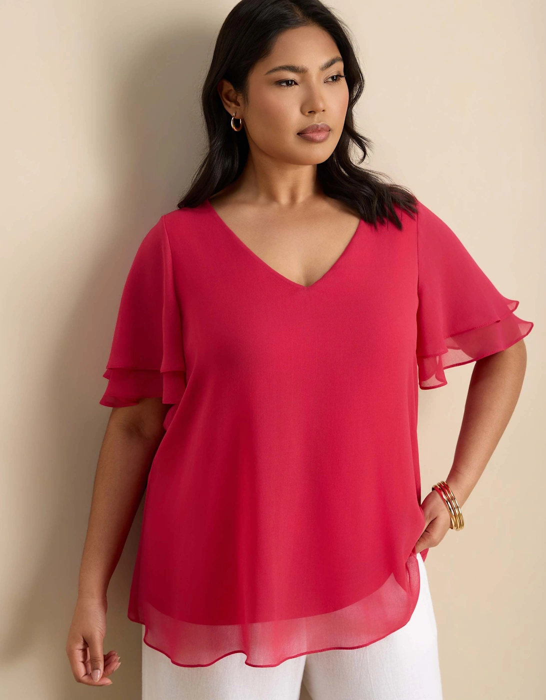 Pink V-Neck Chiffon Flutter Sleeve Overlay Top