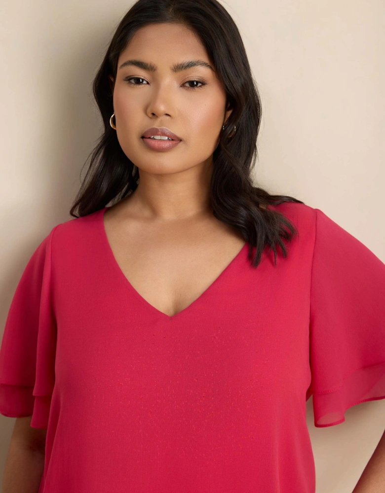 Pink V-Neck Chiffon Flutter Sleeve Overlay Top
