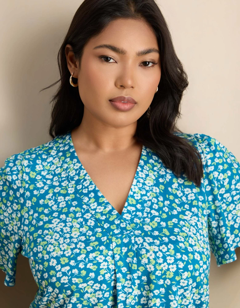 Blue Ditsy Print V-Neck Flutter Sleeve Jersey Top