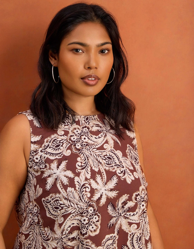 Brown Paisley Border Placement Print Sleeveless Top