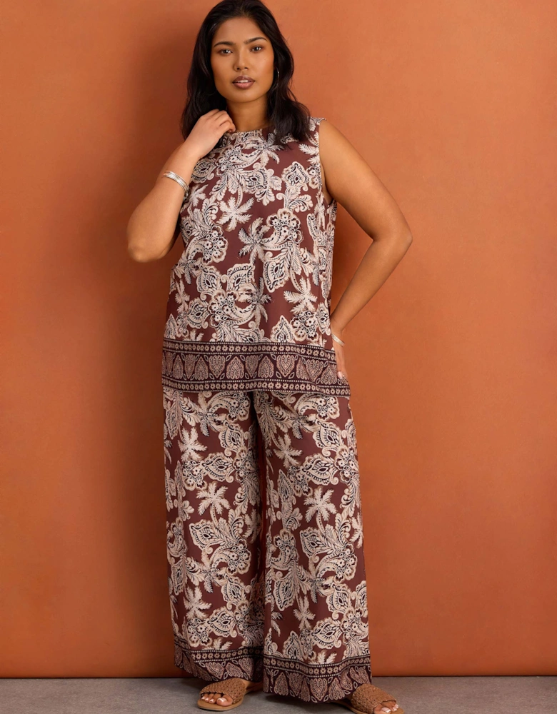 Brown Paisley Border Placement Print Sleeveless Top
