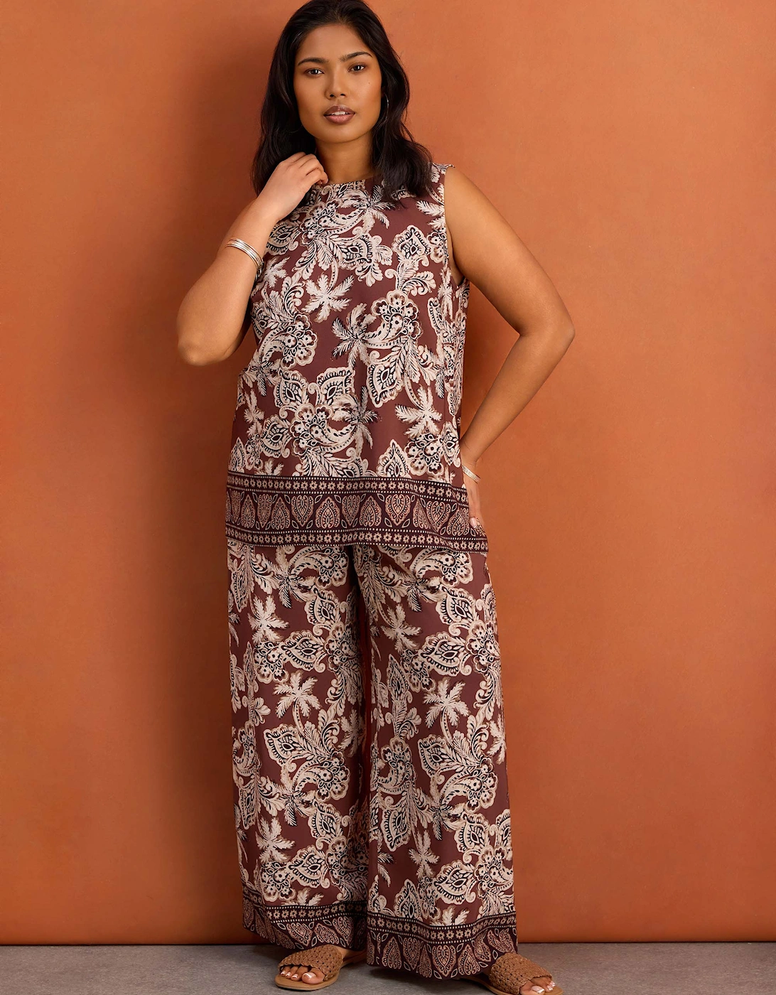 Brown Paisley Border Placement Print Sleeveless Top