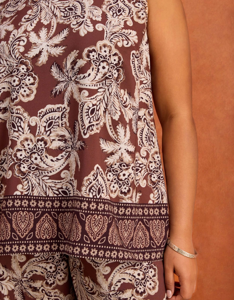 Brown Paisley Border Placement Print Sleeveless Top