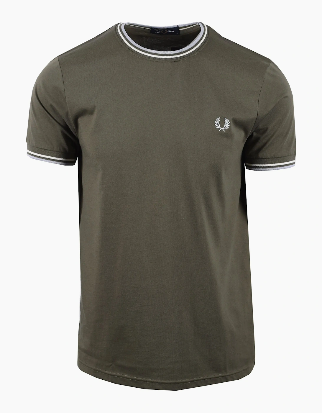 Fred Perry Men's Tan Twin Tipped T-Shirt Laurel Green/Ecru/Dusky Blue  44 Size 2XL