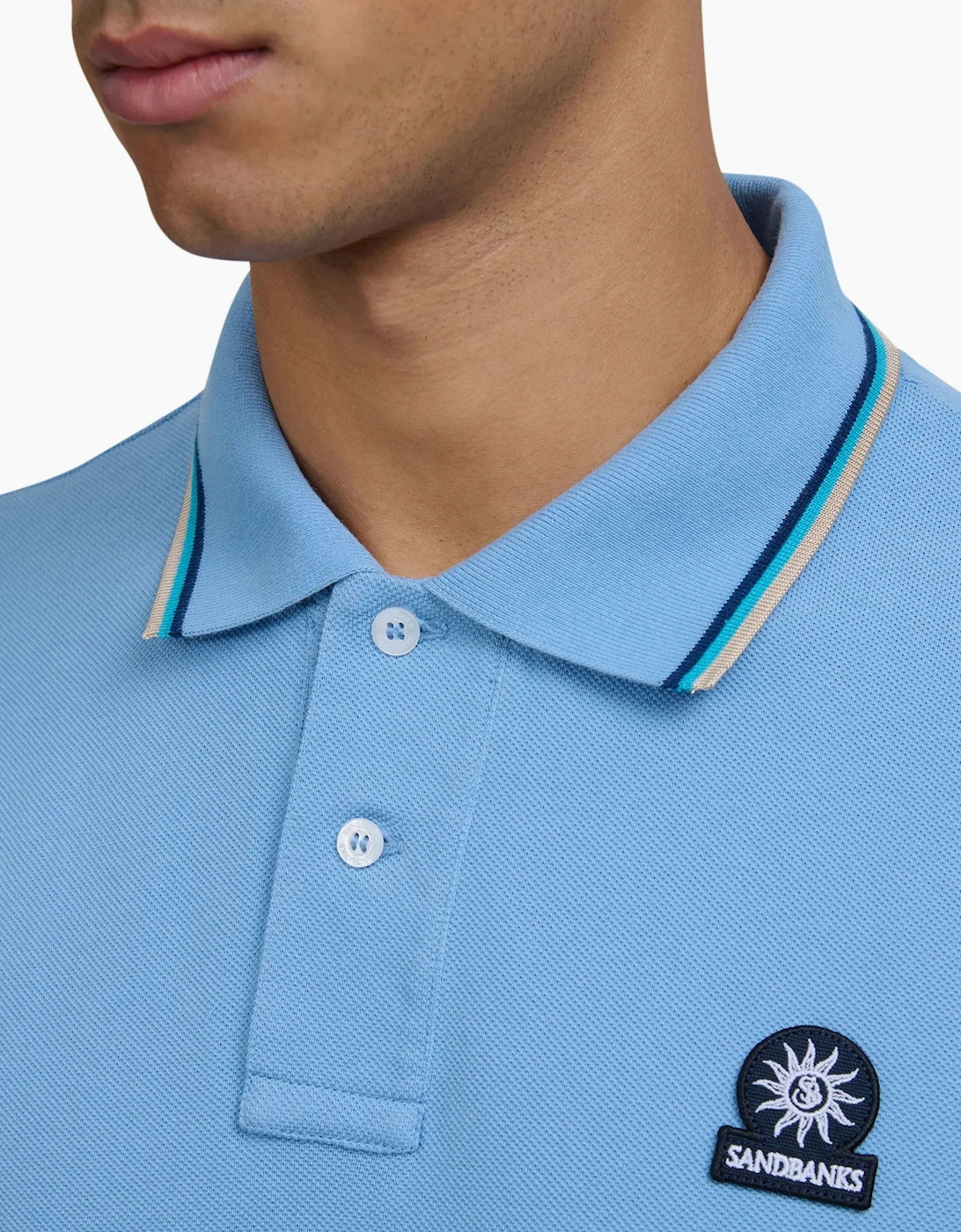 SANDBANKS BADGE LOGO TIPPED SLEEVE POLO SHIRT DUSTY BLUE