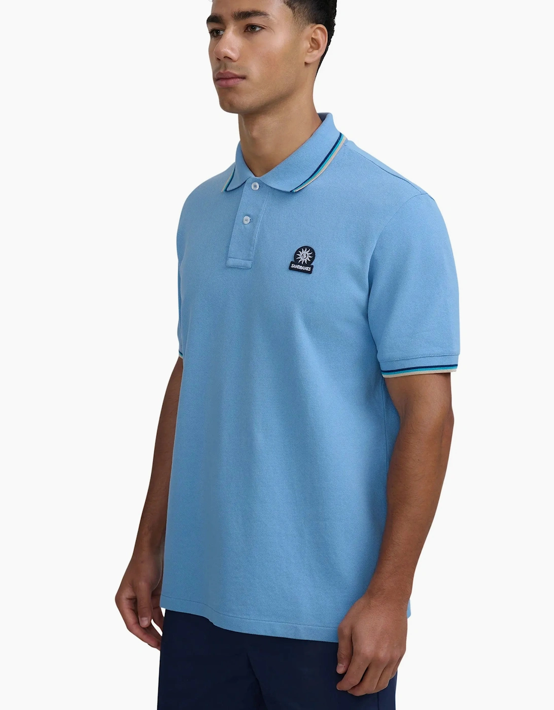 SANDBANKS BADGE LOGO TIPPED SLEEVE POLO SHIRT DUSTY BLUE