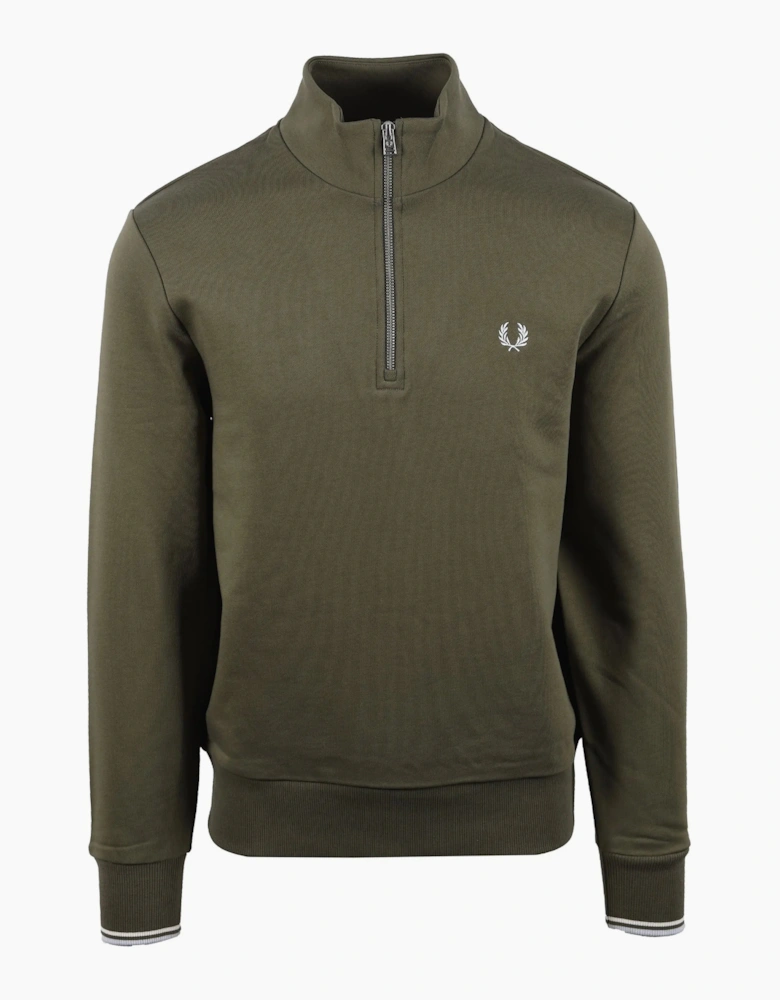 FRED PERRY HALF ZIP SWEATSHIRT LAUREL GREEN/ECRU/DUSKY BLUE