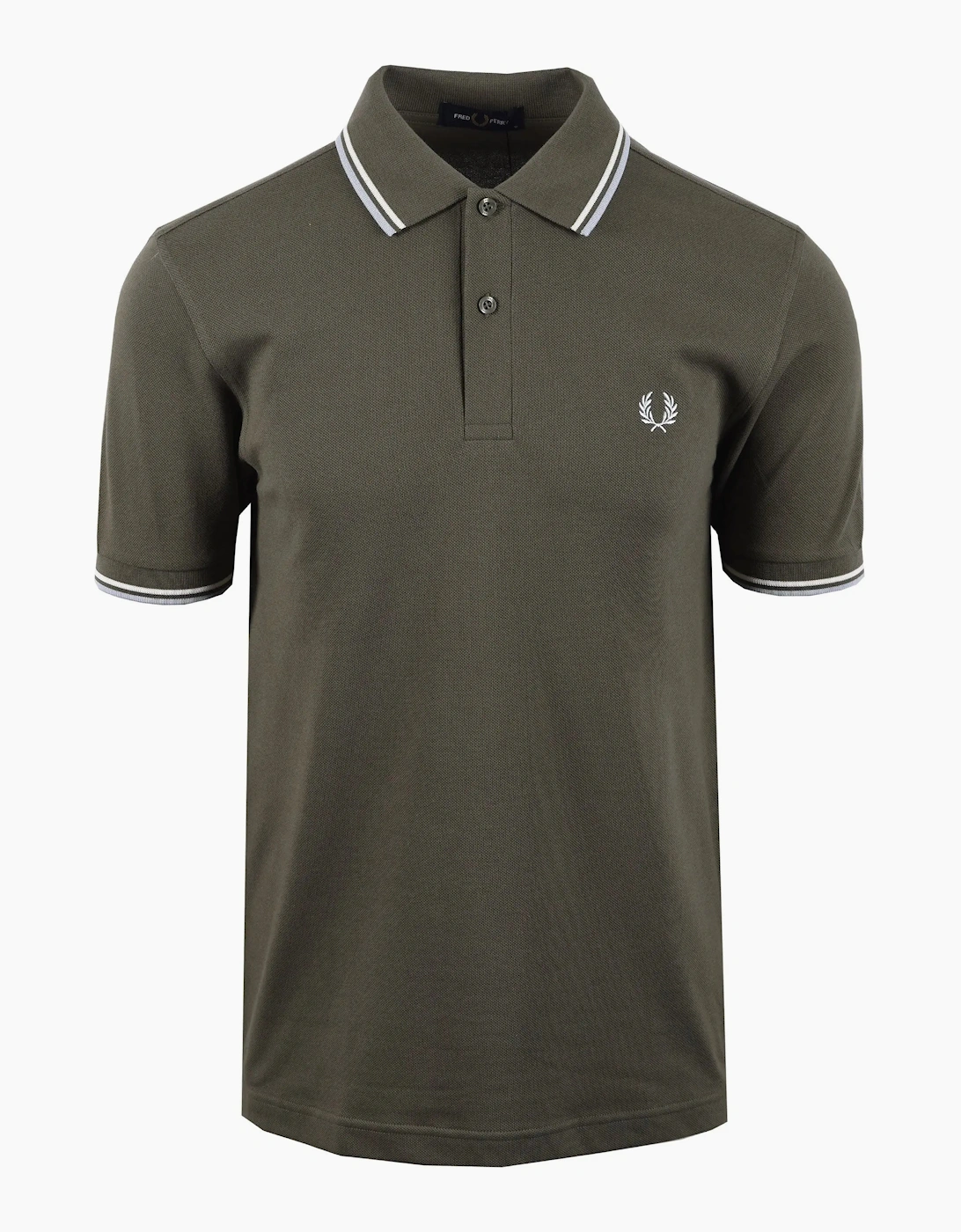Fred Perry Men's Tan Twin Tipped Polo Laurel Green/Ecru/Dusky Blue  42 Size Xl