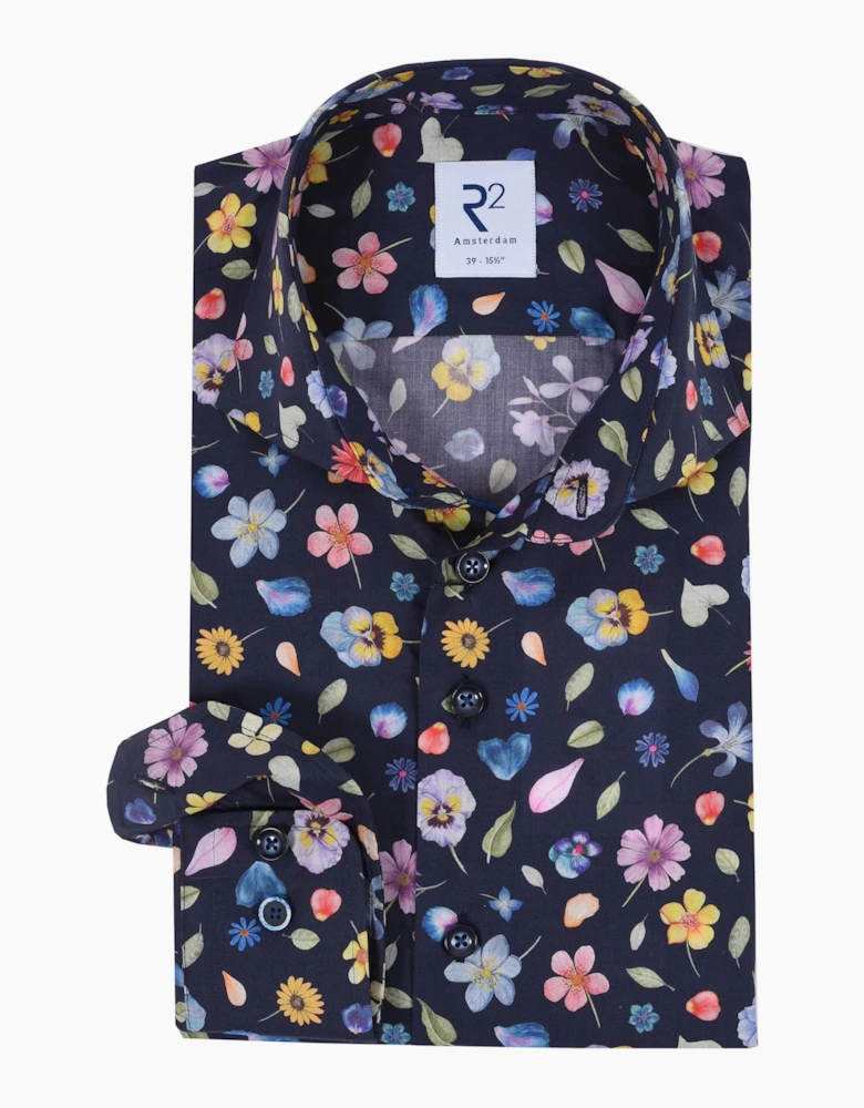 R2 LONG SLEEVED CUT AWAY COLLAR SHIRT NAVY FLORAL