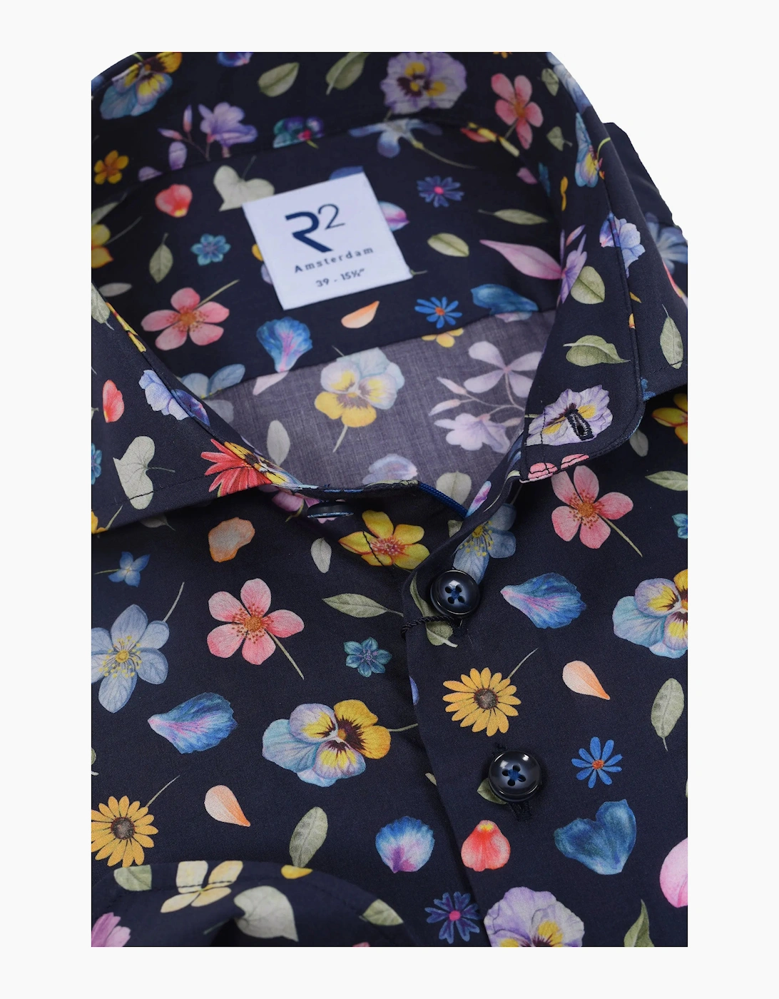 R2 LONG SLEEVED CUT AWAY COLLAR SHIRT NAVY FLORAL
