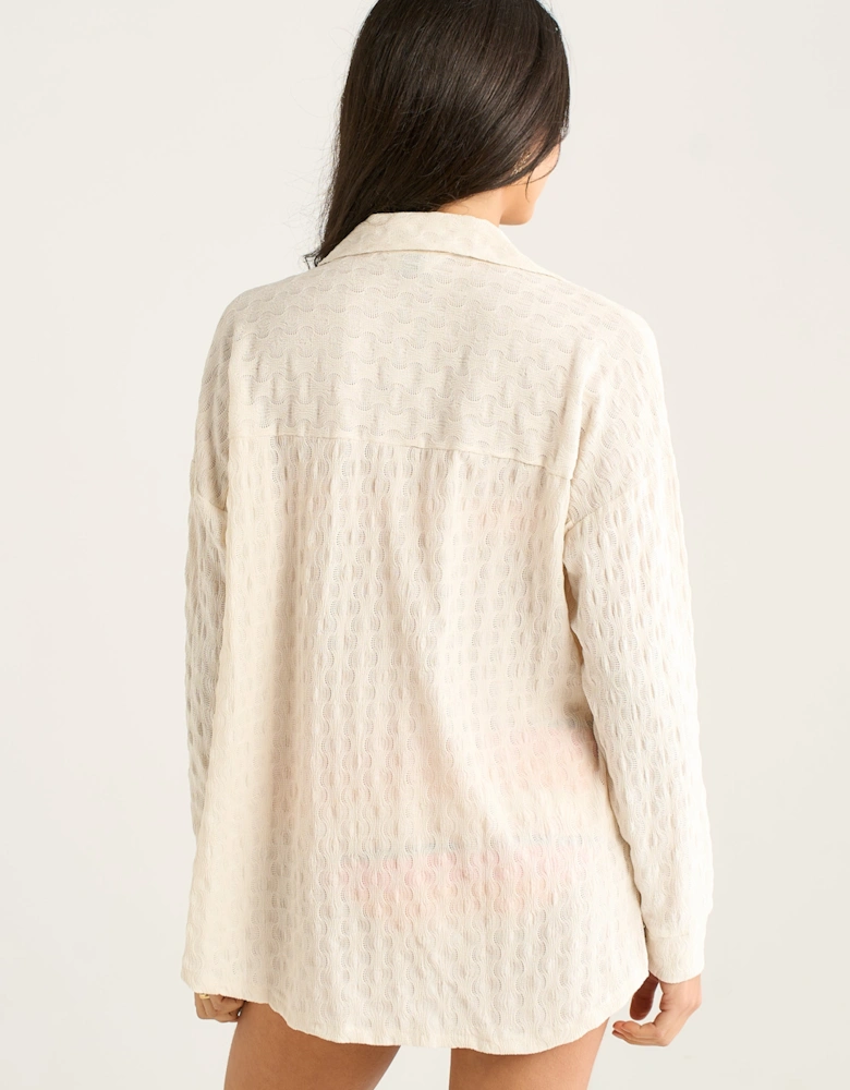 Beige Textured Oversized Long Sleeve Shirt