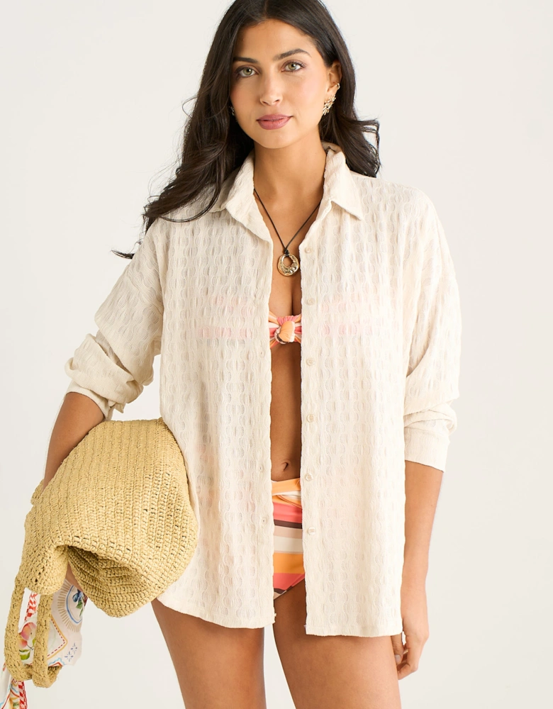 Beige Textured Oversized Long Sleeve Shirt