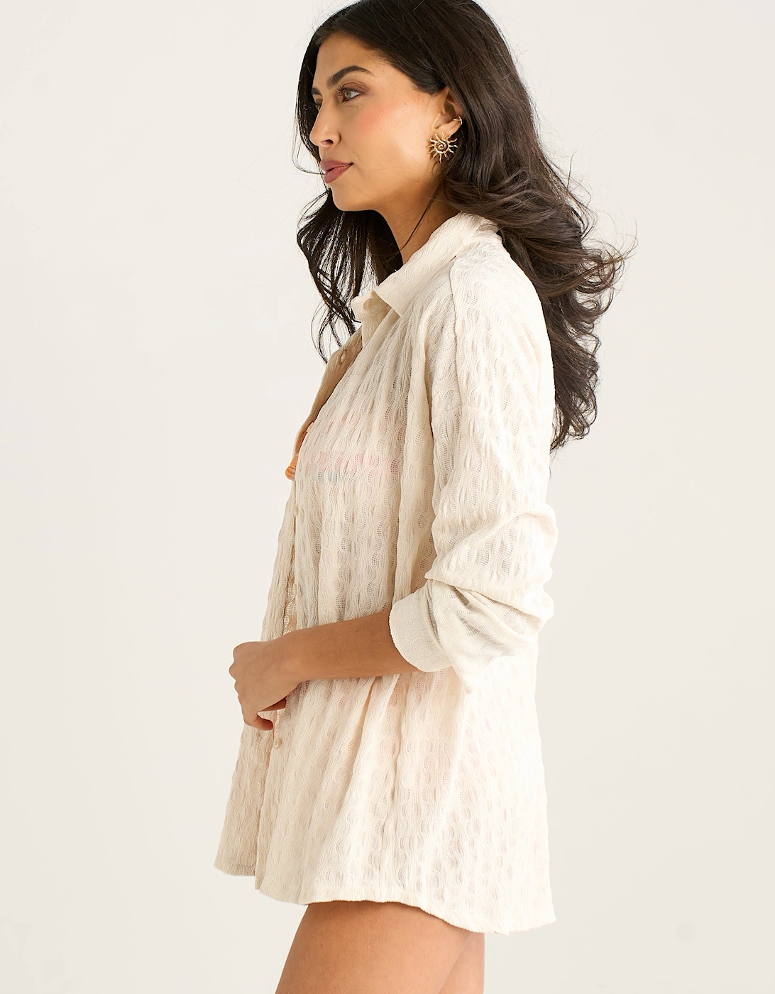 Beige Textured Oversized Long Sleeve Shirt