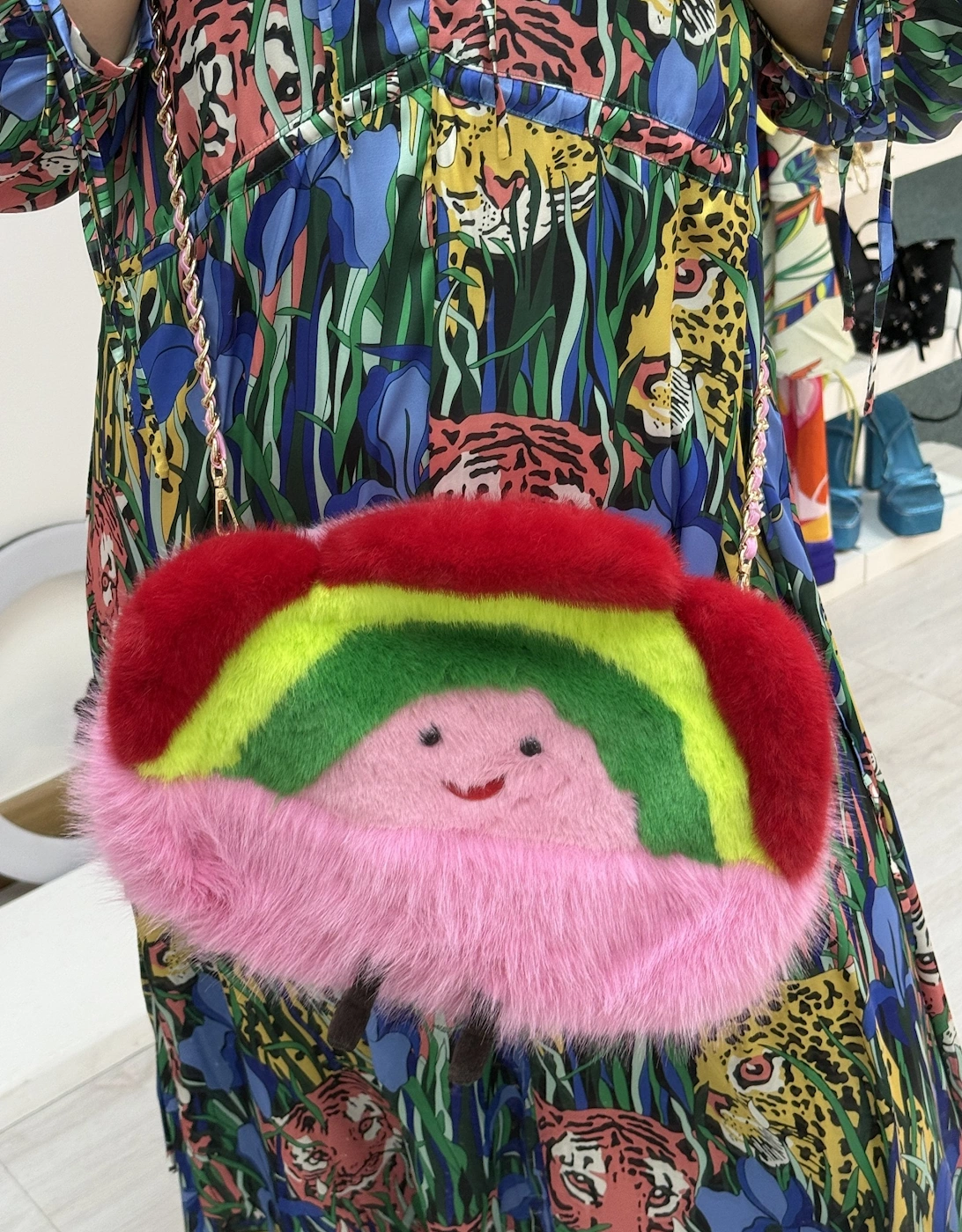 Cream Handmade Bamboo Faux Fur Rainbow Bag