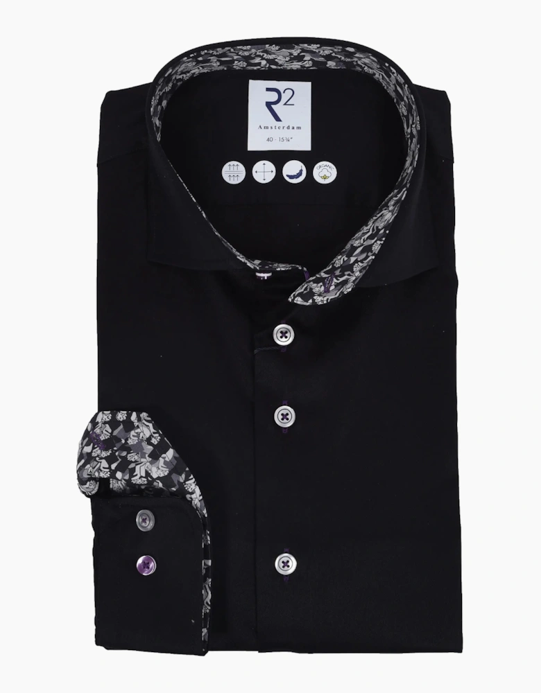 R2 Long Sleeved Cut Away Collar Shirt Black