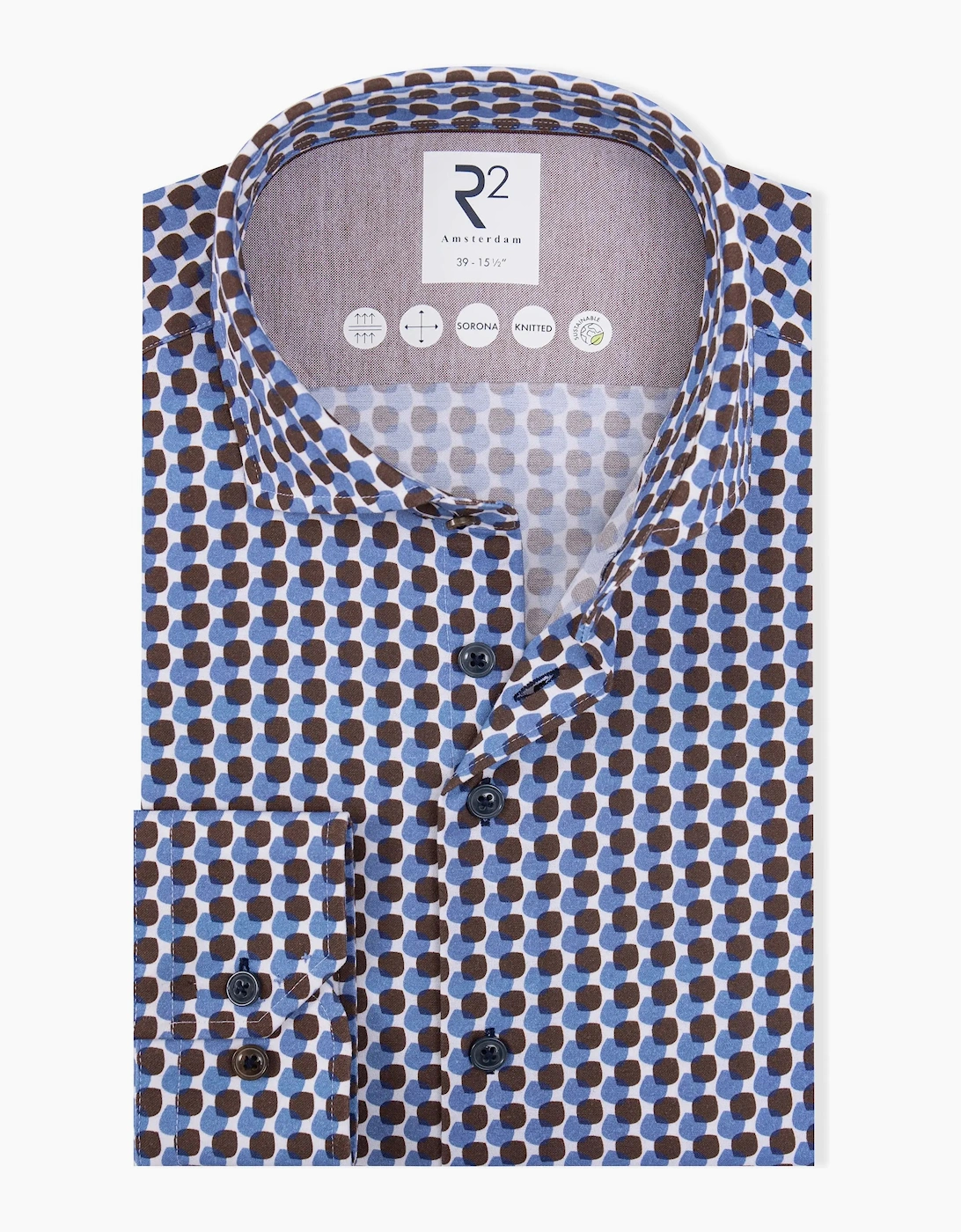 R2 Long Sleeved Cut Away Collar Shirt Brown Patterned, 3 of 2