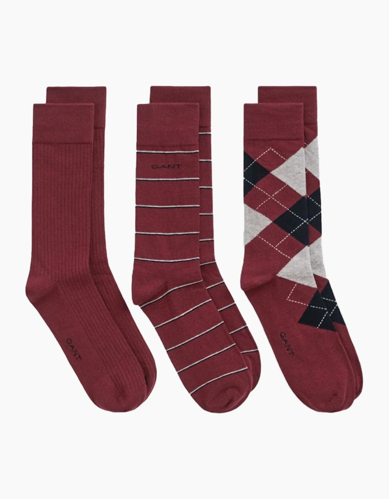 Gant 3-Pack Argyle & Stripe Socks Plumped Red
