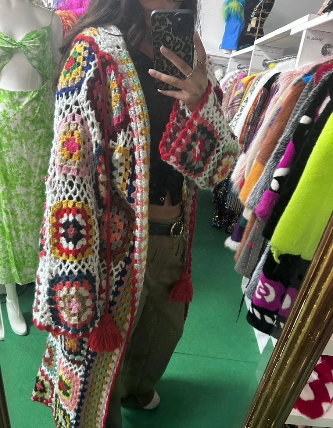 Hand Crochet Long Hooded Kimono Coat