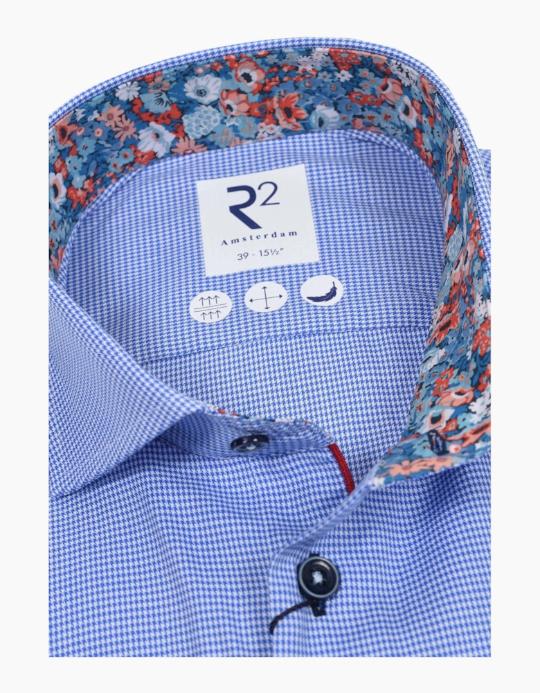 R2 Long Sleeved Cut Away Collar Shirt Blue Check
