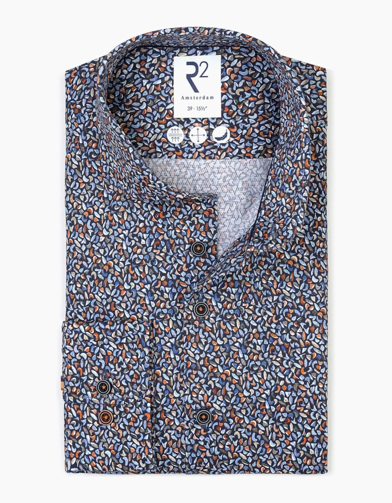 R2 Long Sleeved Cut Away Collar Pattered Shirt Multip-Coloured