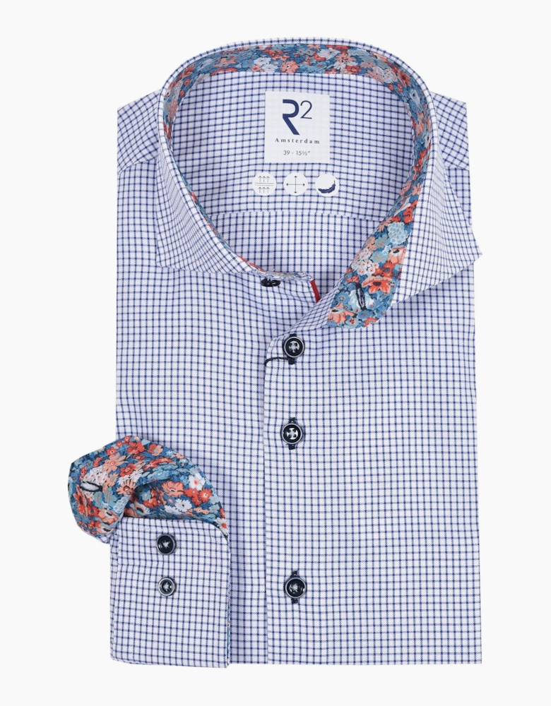 R2 Long Sleeved Cut Away Collar Shirt Navy Check
