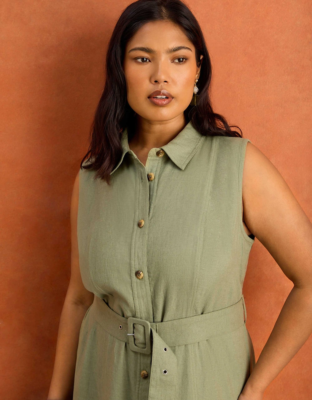 Green Linen Blend Belted Midi Shirt Dress