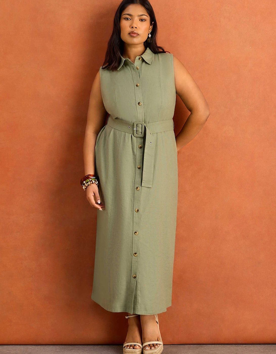 Green Linen Blend Belted Midi Shirt Dress