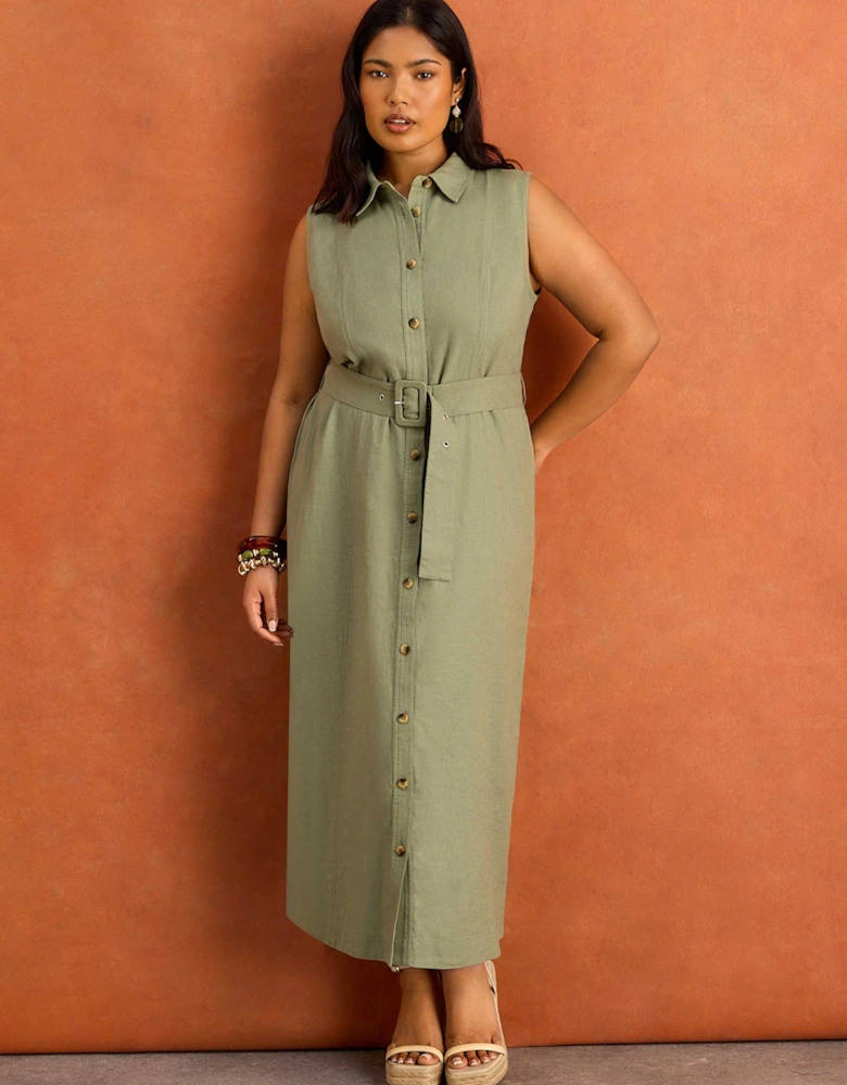 Green Linen Blend Belted Midi Shirt Dress