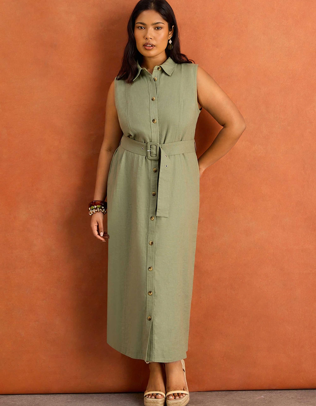Green Linen Blend Belted Midi Shirt Dress