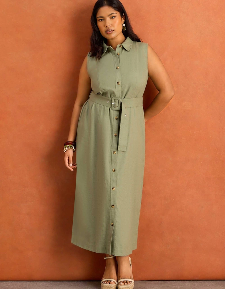 Green Linen Blend Belted Midi Shirt Dress