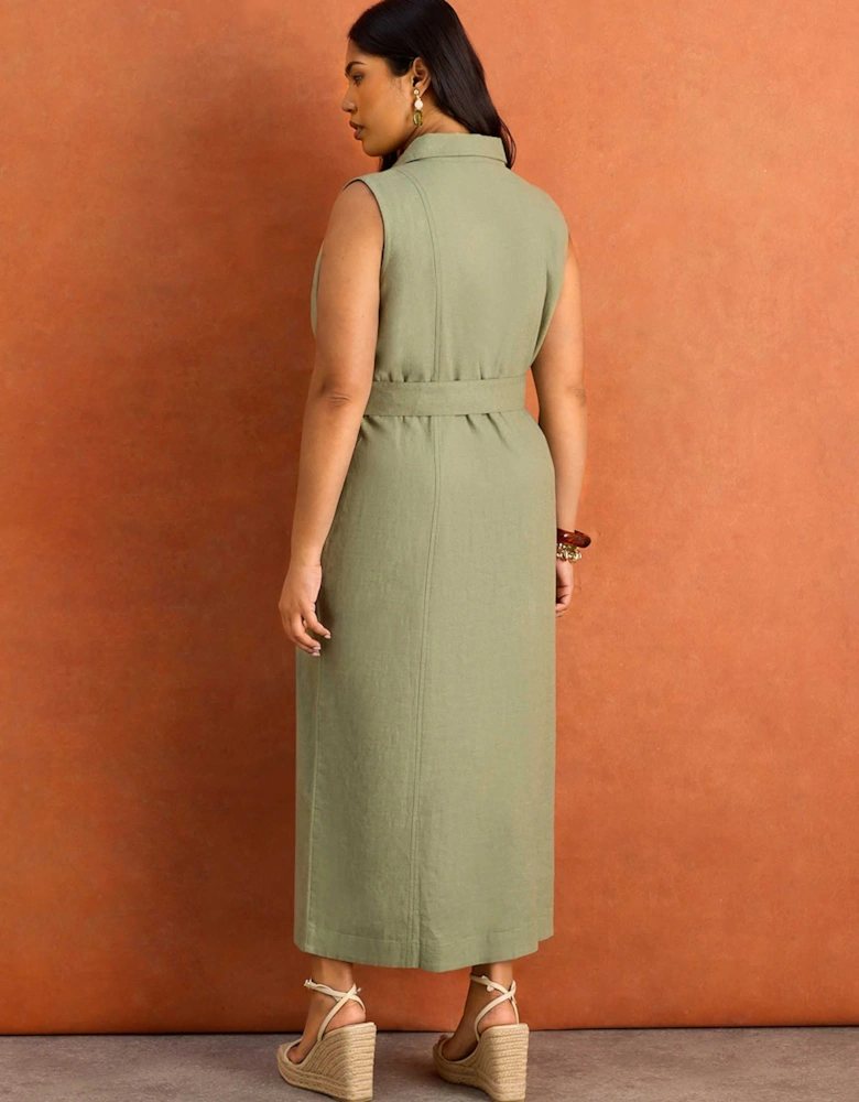 Green Linen Blend Belted Midi Shirt Dress