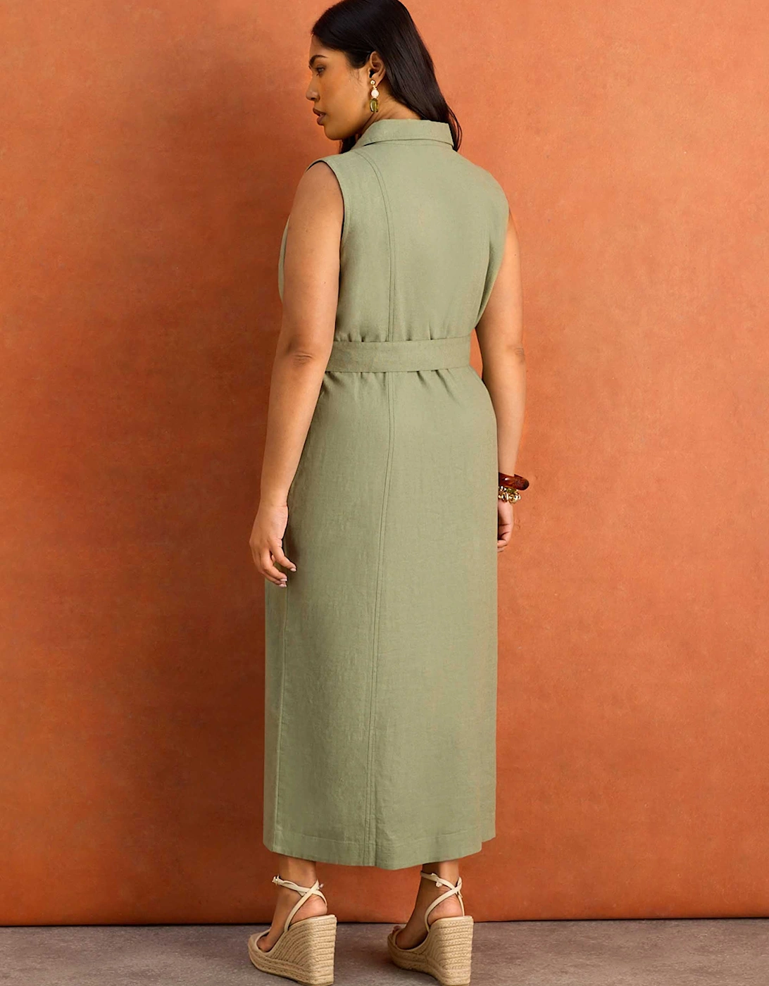 Green Linen Blend Belted Midi Shirt Dress