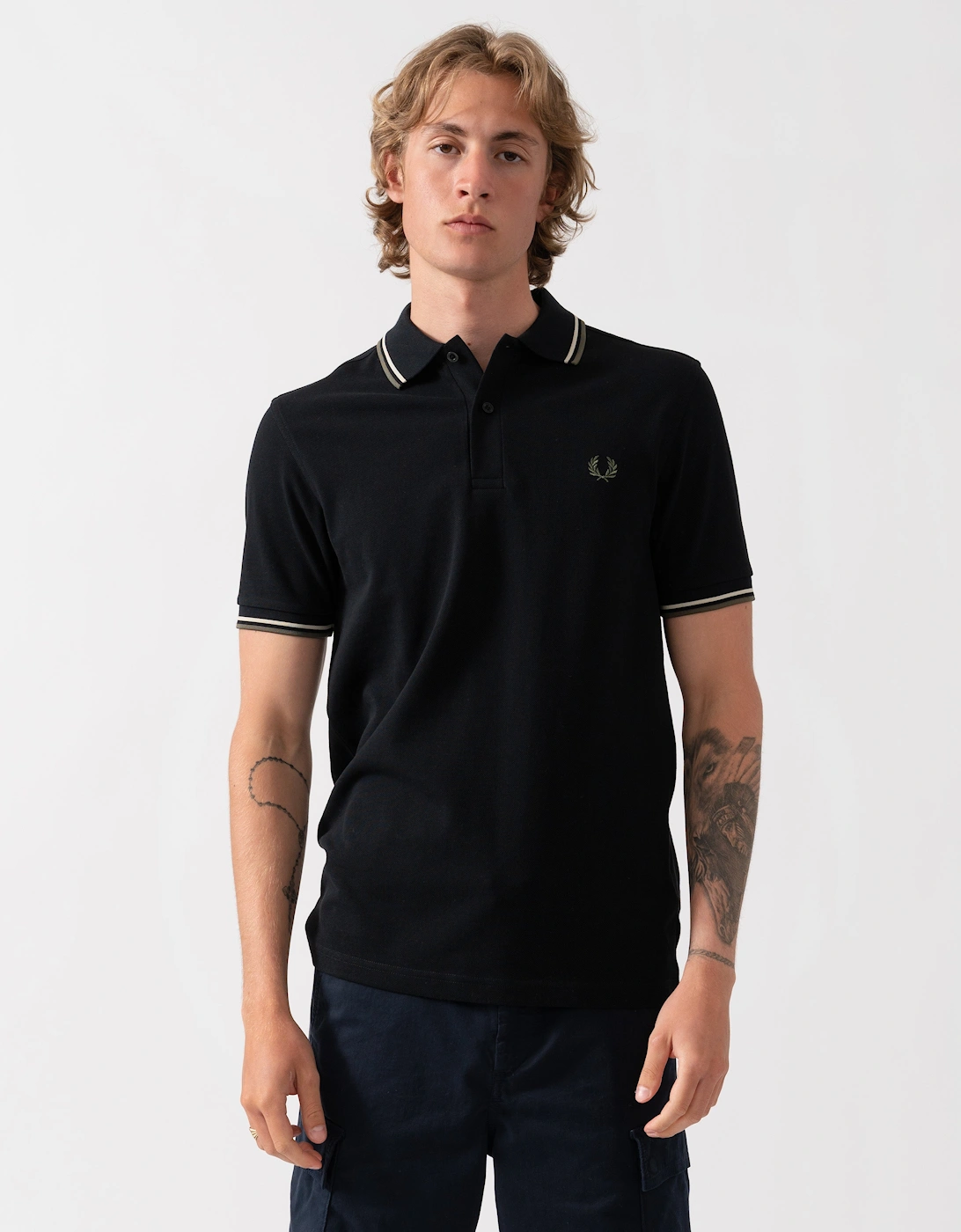 Fred Perry Mens Twin Tipped Signature Polo Shirt - Black/Oatmeal/Laurel Wreath Green 06C