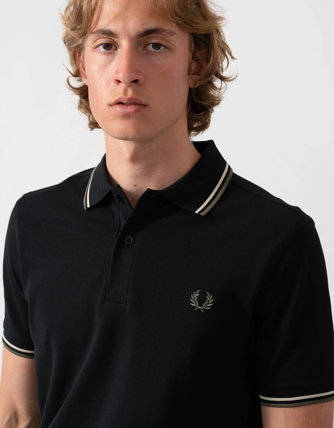 Fred Perry Mens Twin Tipped Signature Polo Shirt - Black/Oatmeal/Laurel Wreath Green 06C