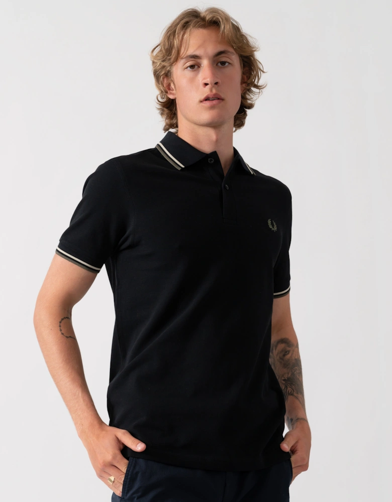 Fred Perry Mens Twin Tipped Signature Polo Shirt - Black/Oatmeal/Laurel Wreath Green 06C