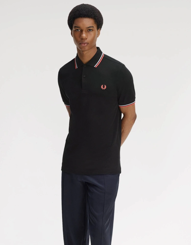 Fred Perry Mens Twin Tipped Signature Polo Shirt - Black/Dusky Blue/Strawberry Cream 05C