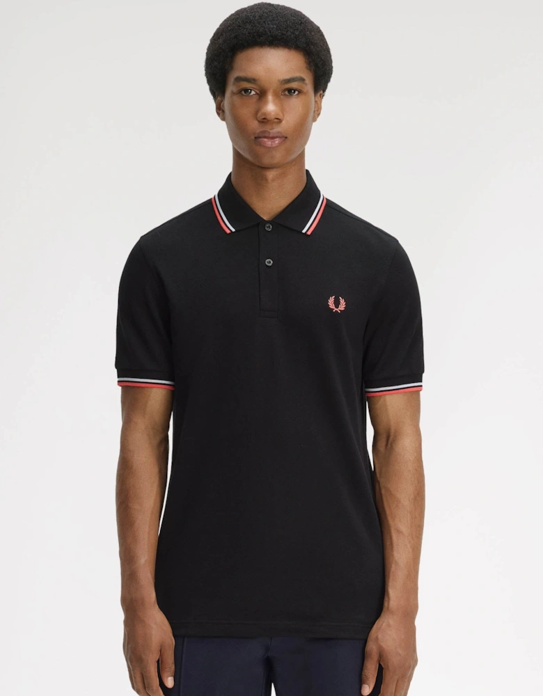 Fred Perry Mens Twin Tipped Signature Polo Shirt - Black/Dusky Blue/Strawberry Cream 05C