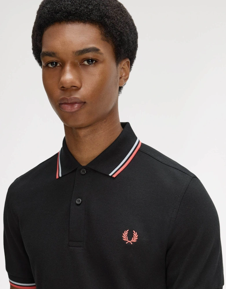 Fred Perry Mens Twin Tipped Signature Polo Shirt - Black/Dusky Blue/Strawberry Cream 05C