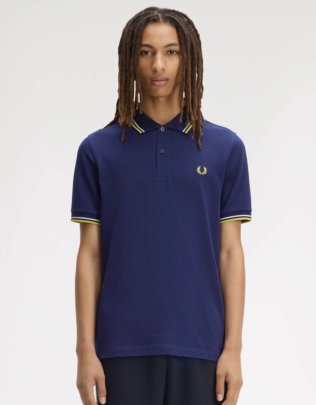 Fred Perry Mens Twin Tipped Signature Polo Shirt - French Navy/Dusky Blue/Citron 83B