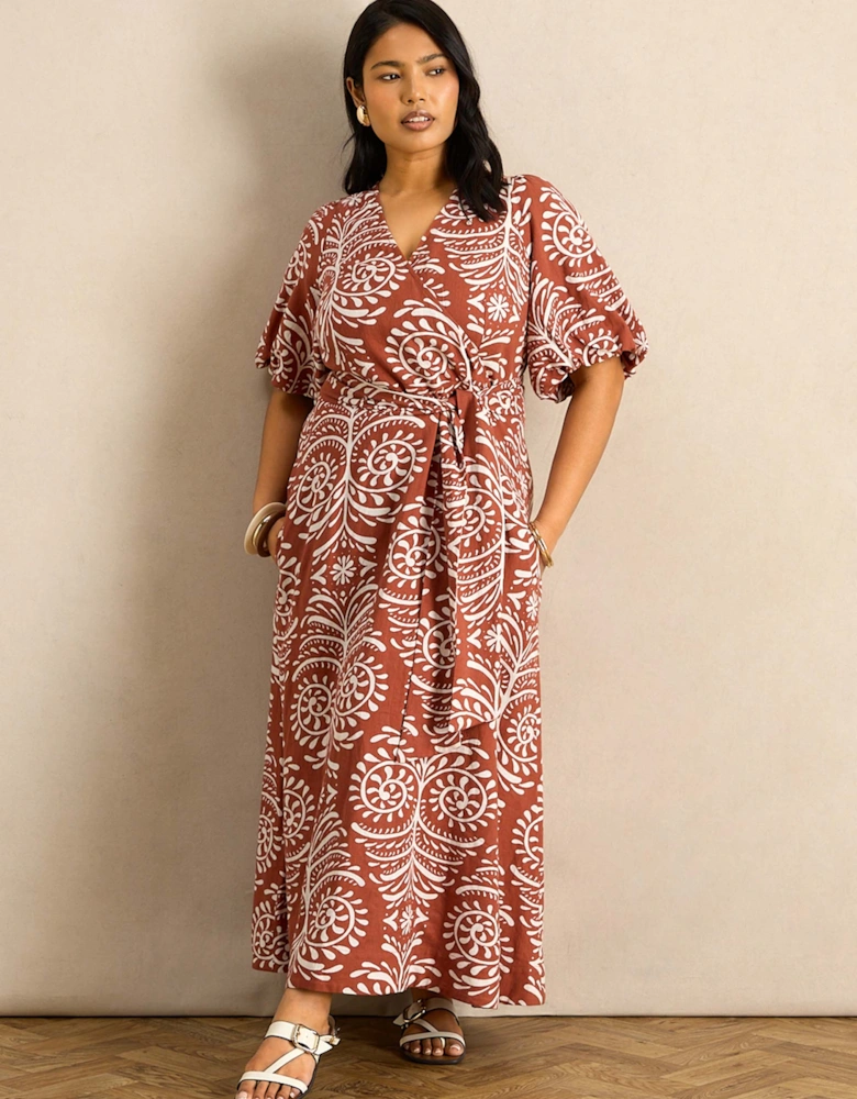 Terracotta Print Linen Blend Puff Sleeve Wrap Dress