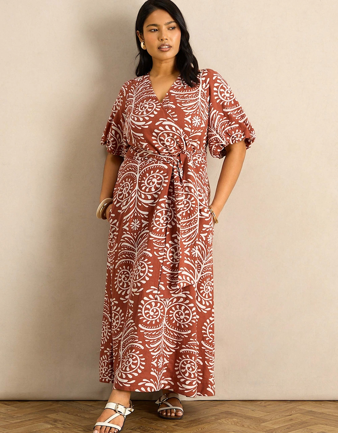 Terracotta Print Linen Blend Puff Sleeve Wrap Dress