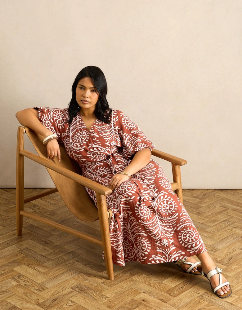 Terracotta Print Linen Blend Puff Sleeve Wrap Dress