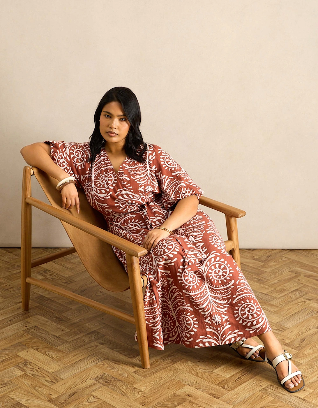 Terracotta Print Linen Blend Puff Sleeve Wrap Dress