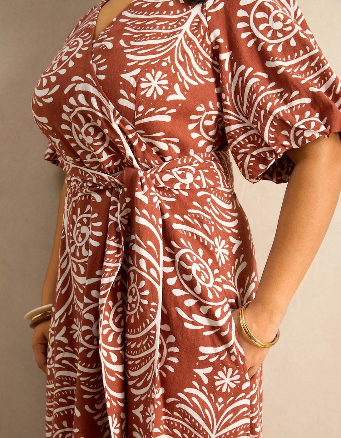 Terracotta Print Linen Blend Puff Sleeve Wrap Dress