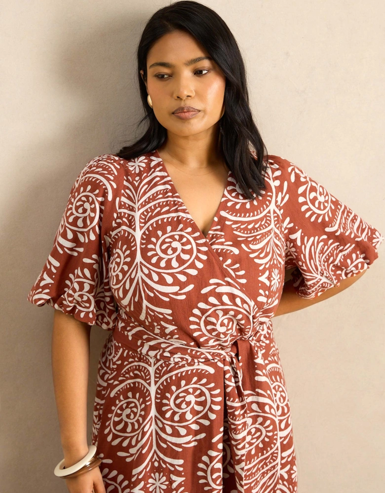 Terracotta Print Linen Blend Puff Sleeve Wrap Dress