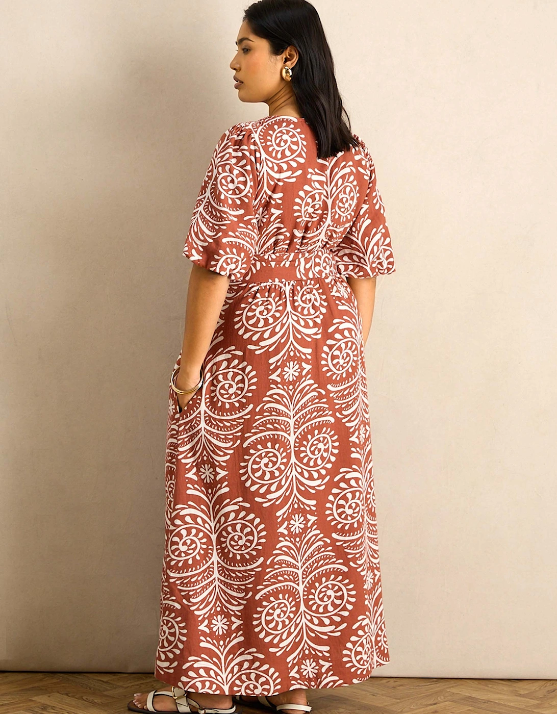Terracotta Print Linen Blend Puff Sleeve Wrap Dress