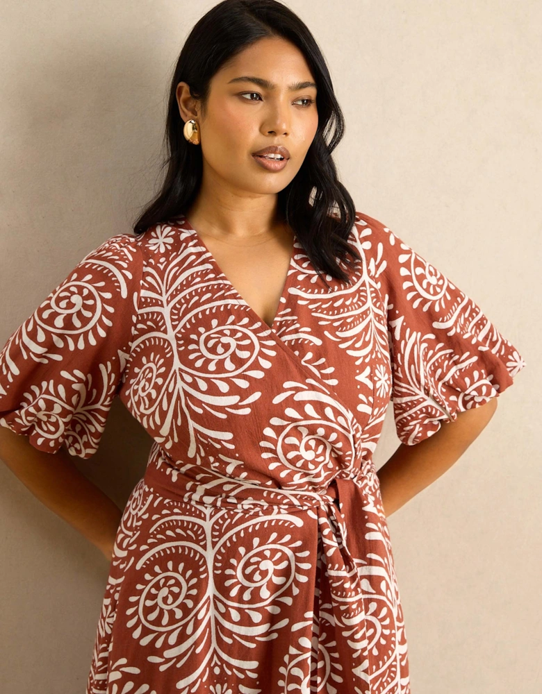 Terracotta Print Linen Blend Puff Sleeve Wrap Dress